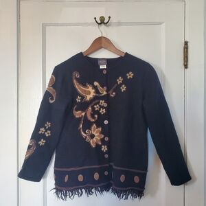 Susan Bristol Vintage 100% Wool Hand Embroidered Cardigan Sweater – XL – Black